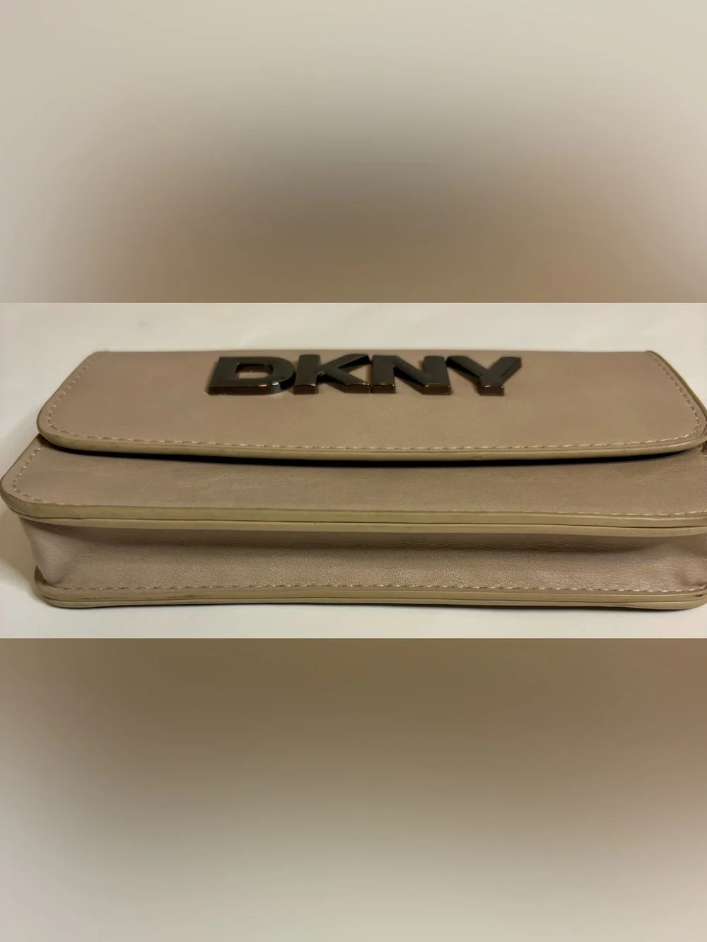 DKNY Beige faux Leather Logo Belt Bag with Black Logo , missing belt